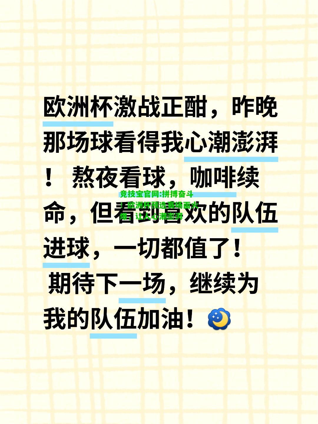 竞技宝官网:拼搏奋斗！欧洲杯预选赛场面火爆，让人心潮澎湃